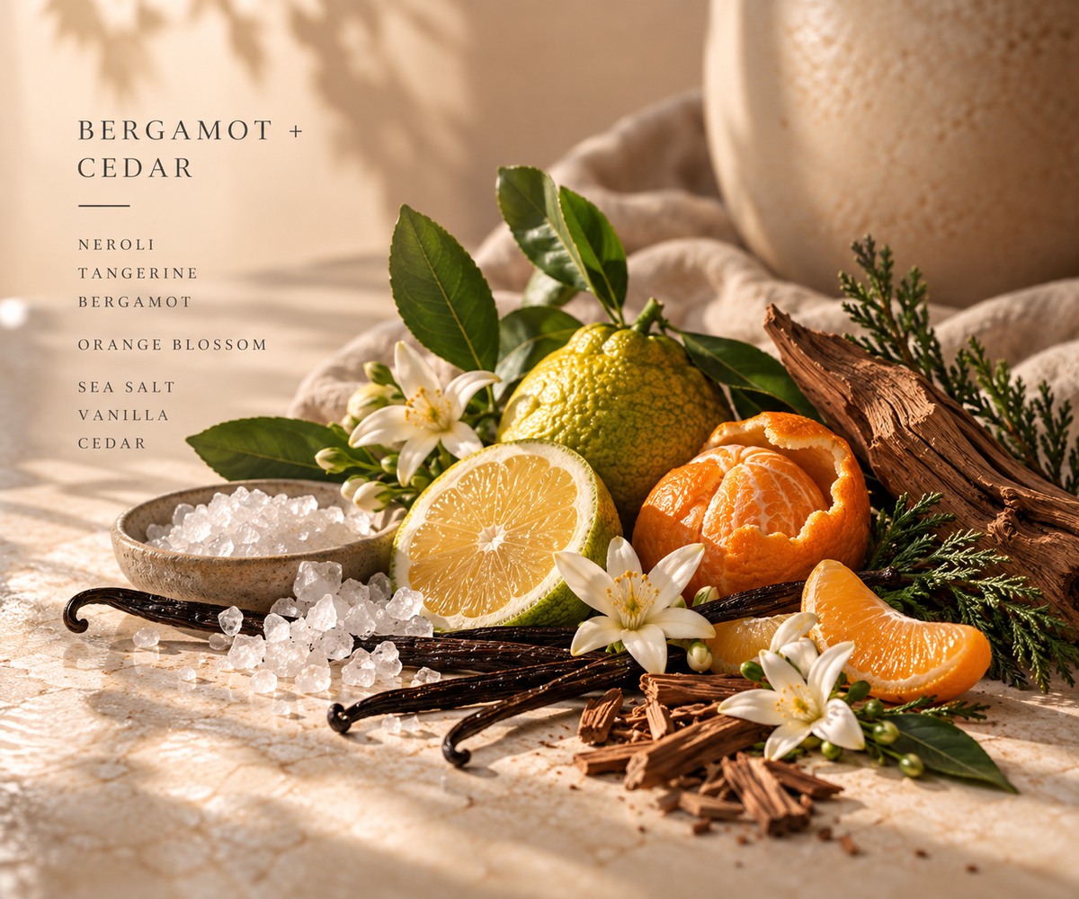 Bergamot + Cedar fragrance notes with bergamot, tangerine, orange blossom, sea salt, vanilla and cedar