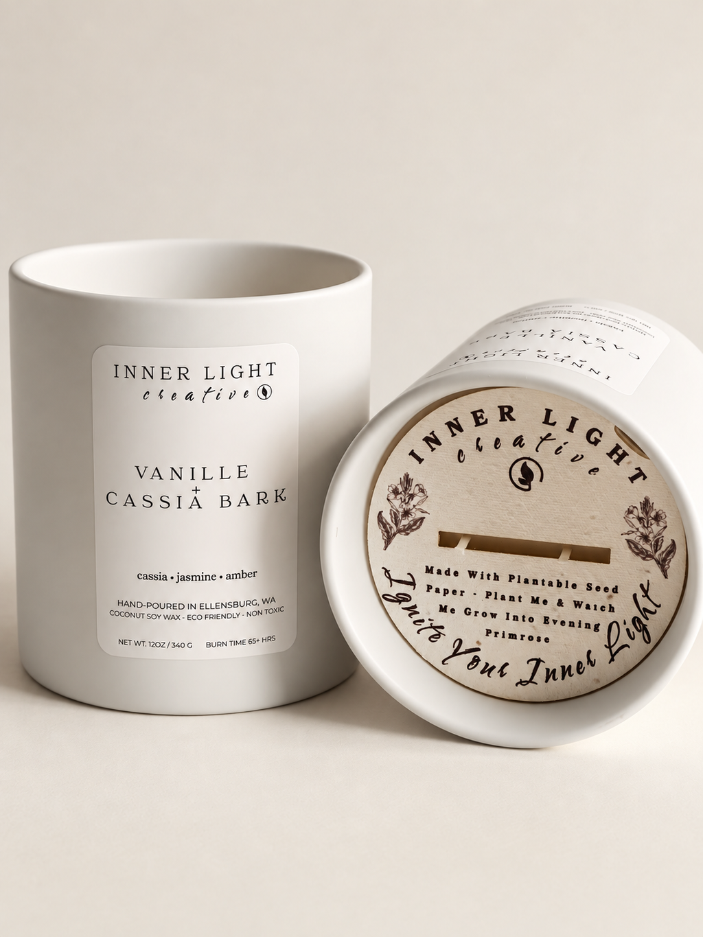Vanille + Cassia Bark vanilla spice candle with reusable ceramic vessel and lid
