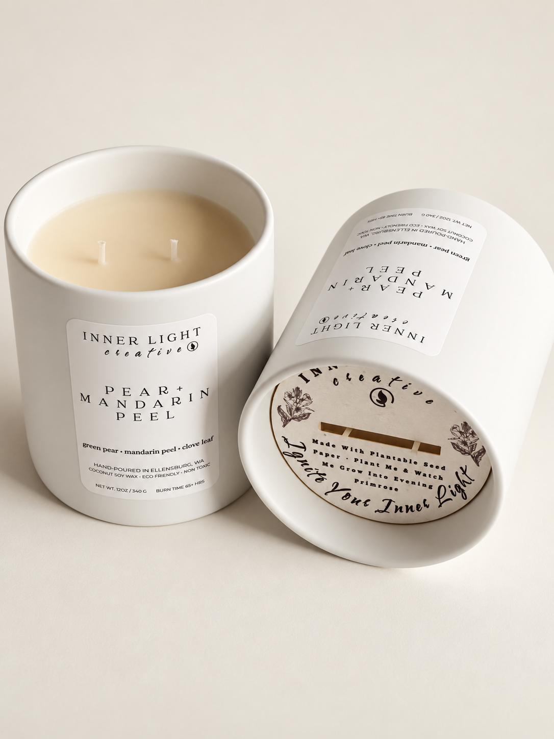 Pear + Mandarin Peel coconut soy candle with branded lid