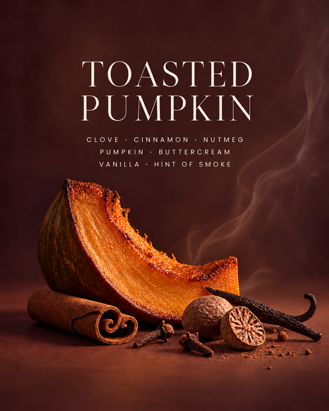 Toasted Pumpkin candle fragrance notes with pumpkin, clove, cinnamon, nutmeg, buttercream, vanilla and a hint of smoke