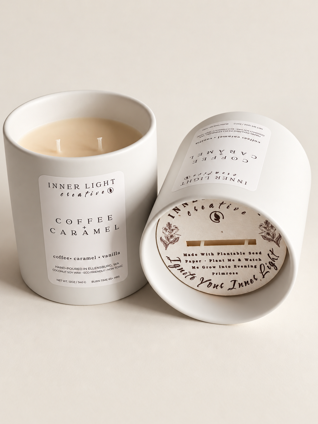 Coffee + Caramel candle styled in soft natural light with a plantable seed topper lid