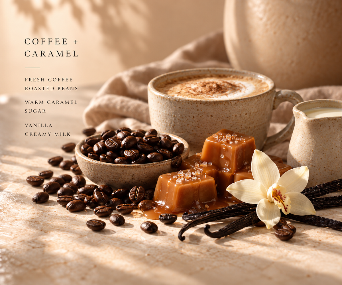 Coffee + Caramel fragrance notes with fresh coffee, roasted beans, caramel, vanilla and creamy milk