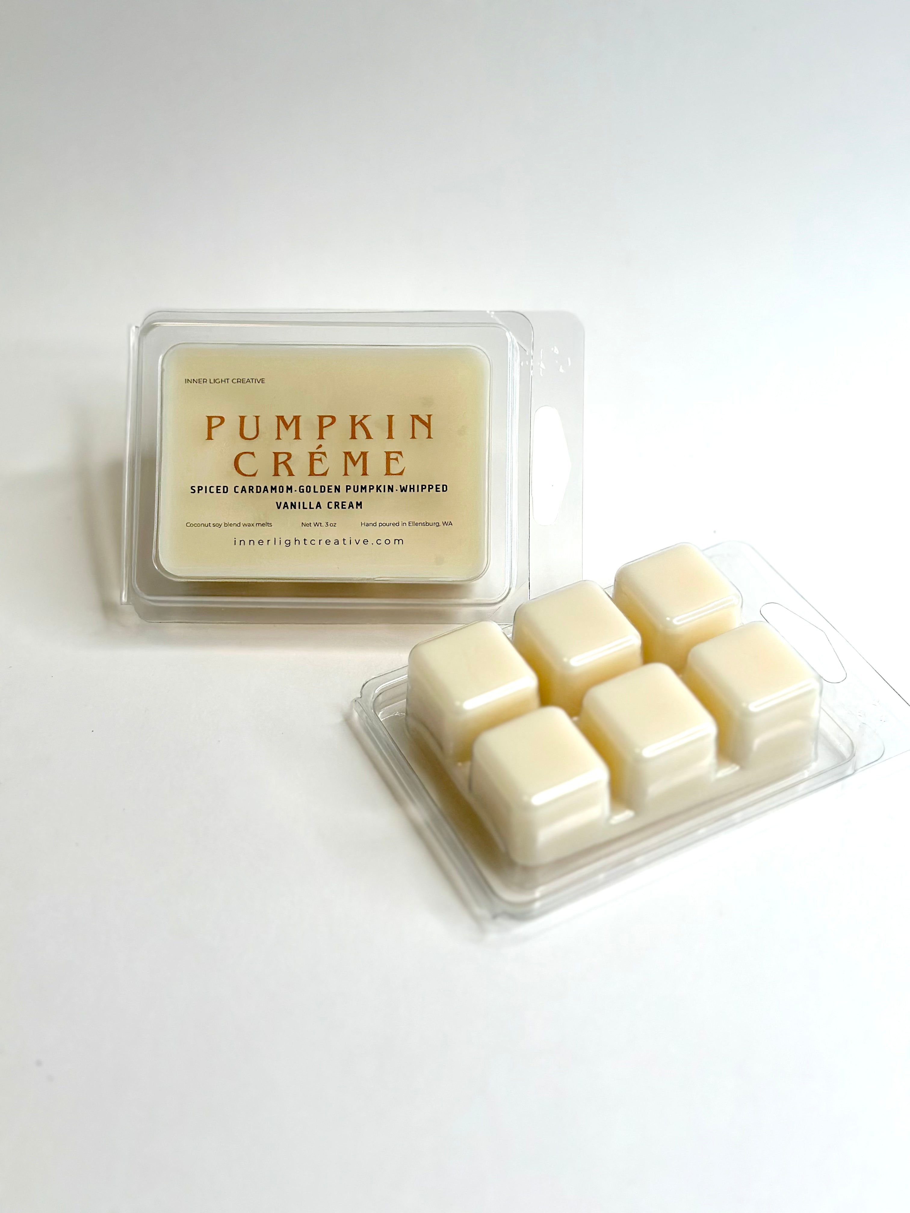 Pumpkin Crème wax melts in packaging on a white background