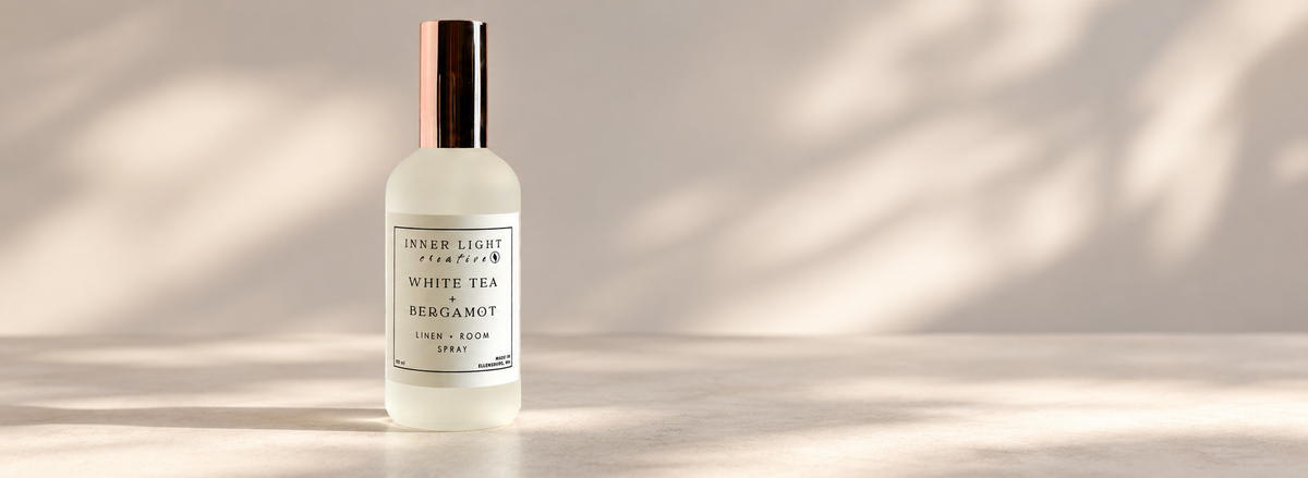 White Tea + Bergamot Linen & Room Spray by Inner Light Creative, a handcrafted home fragrance spray made in Ellensburg, Washington, featuring fresh citrus, delicate white tea, and soft floral notes.
