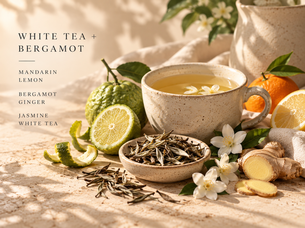 White Tea + Bergamot fragrance notes with mandarin, lemon, ginger, jasmine and white tea in an elegant botanical still life